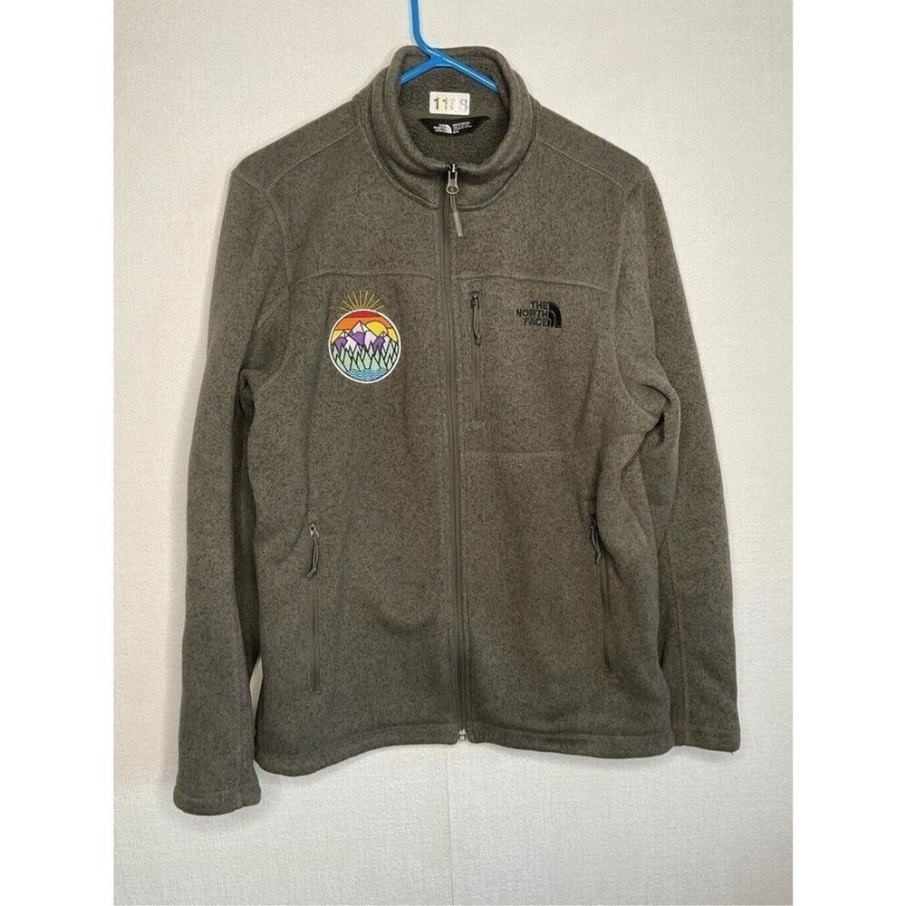 The North Face Khaki Green Logo FullZip Sherpa Lined Fleece Jacket Men M Vietnam